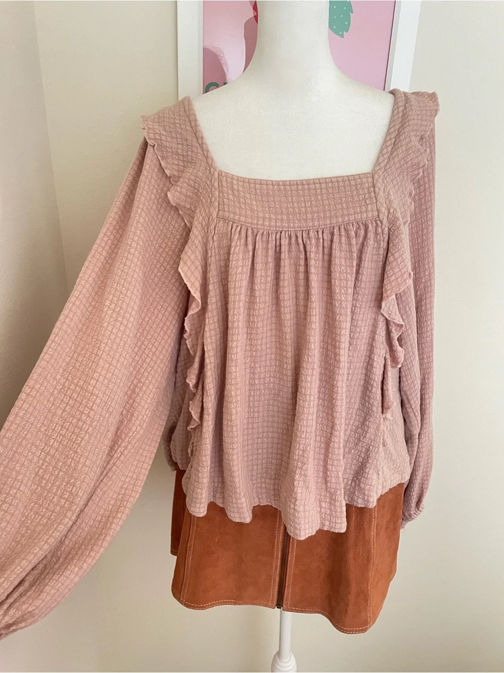 Free People Bonnie Blouse Dusty Pink Textured Ruffle Boho Top Size Small